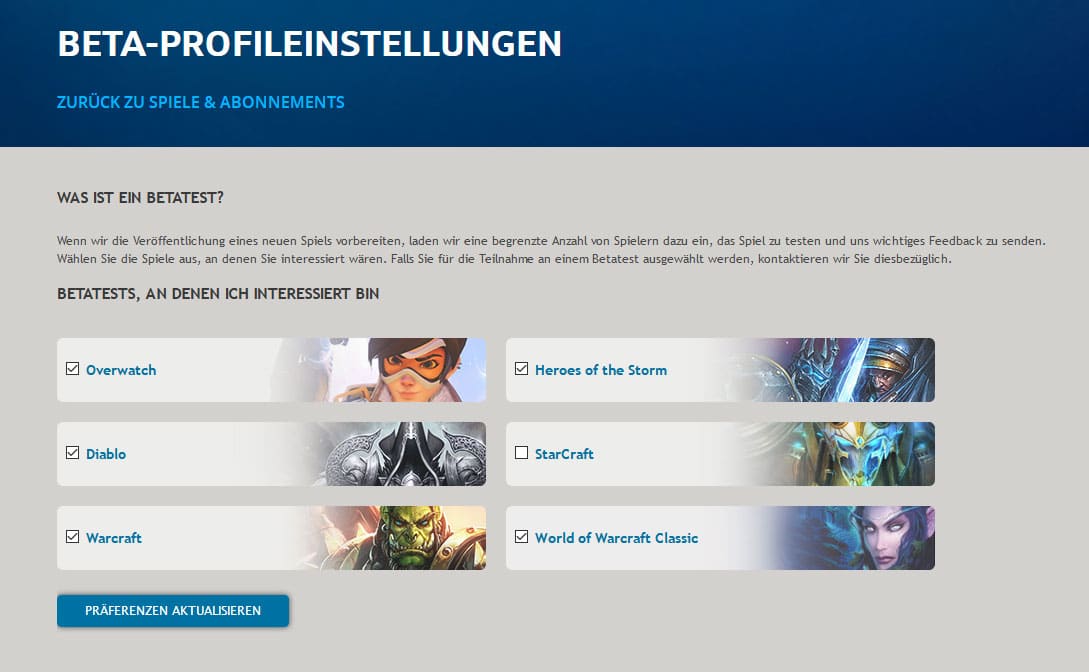 Beta-Profileinstellungen (Battle.net)